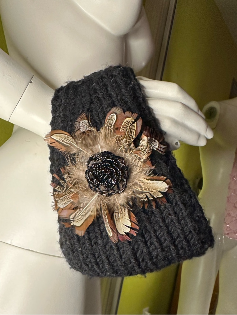 Black Crochet Headband with Feathered and Beaded Flower Detailing